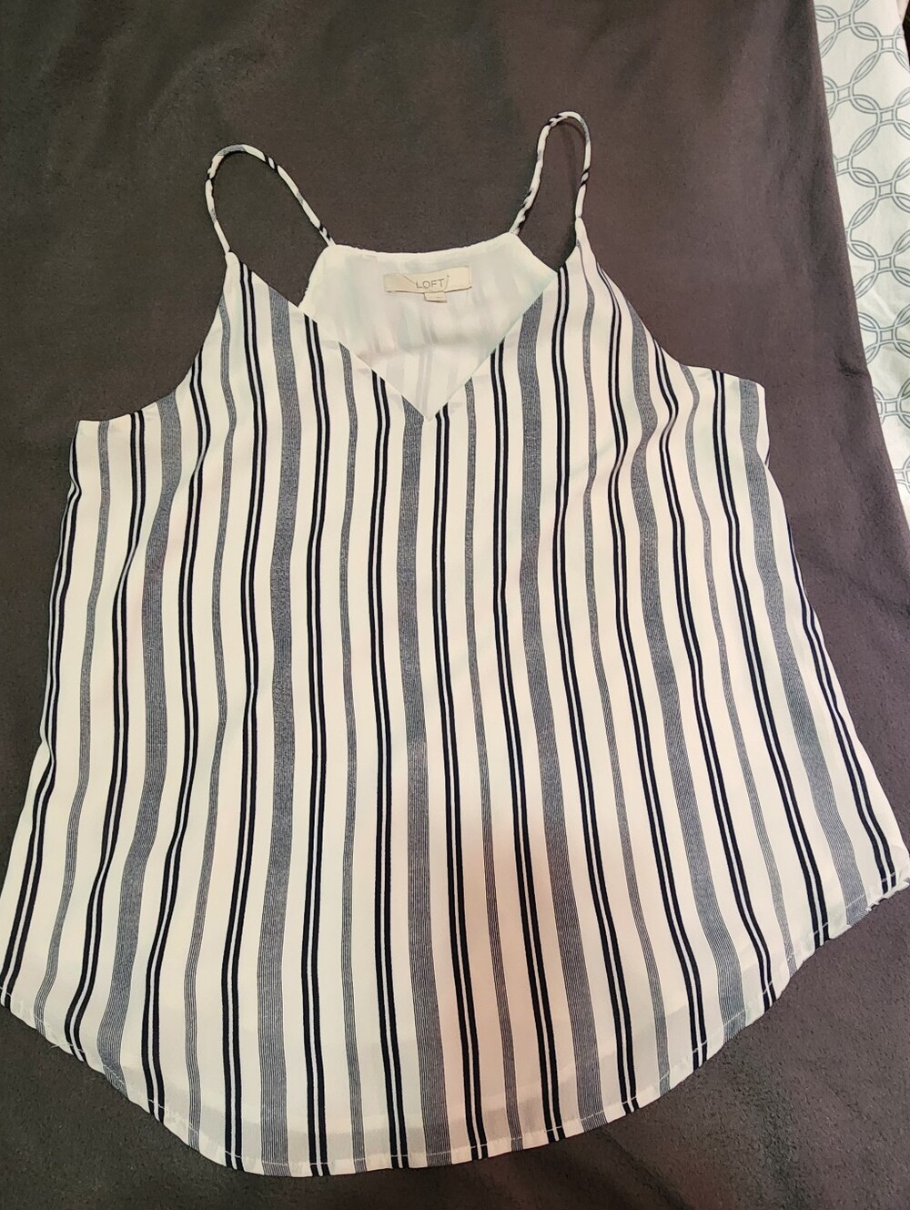 LOFT White and Navy Vertical Stripe Spaghetti Strap Tank, LG